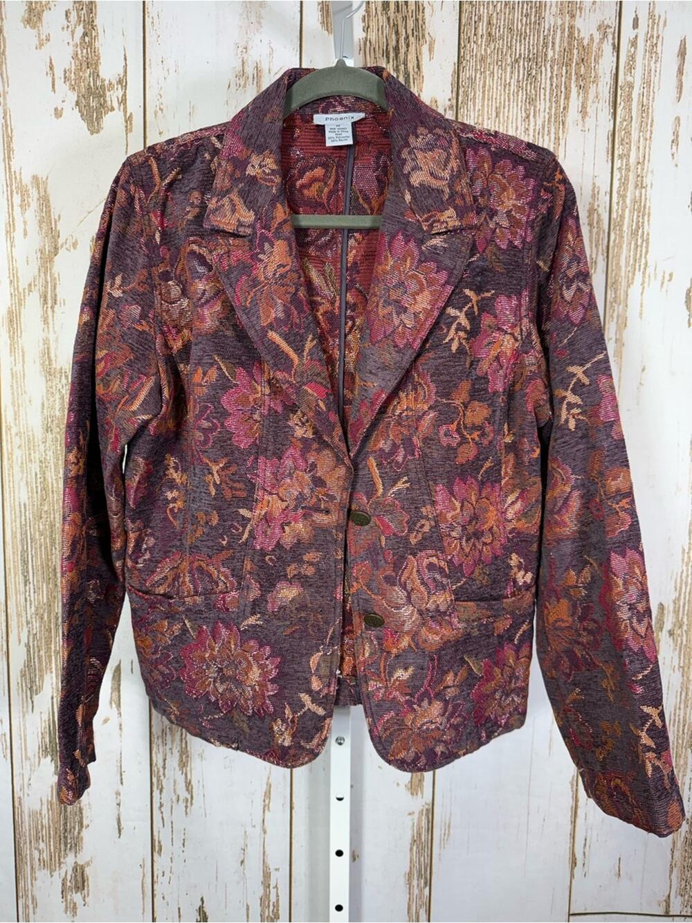 Phenix, Plum Floral Jacquard Blazer with Pink and Brown Accents. Size Medium. - Picture 1 of 6